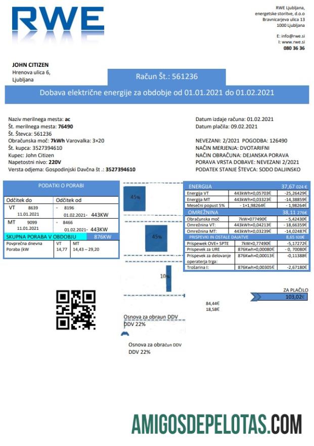 realista Modelo de comprovante de endereço de eletricidade RWE da Eslovênia em formato Word e PDF